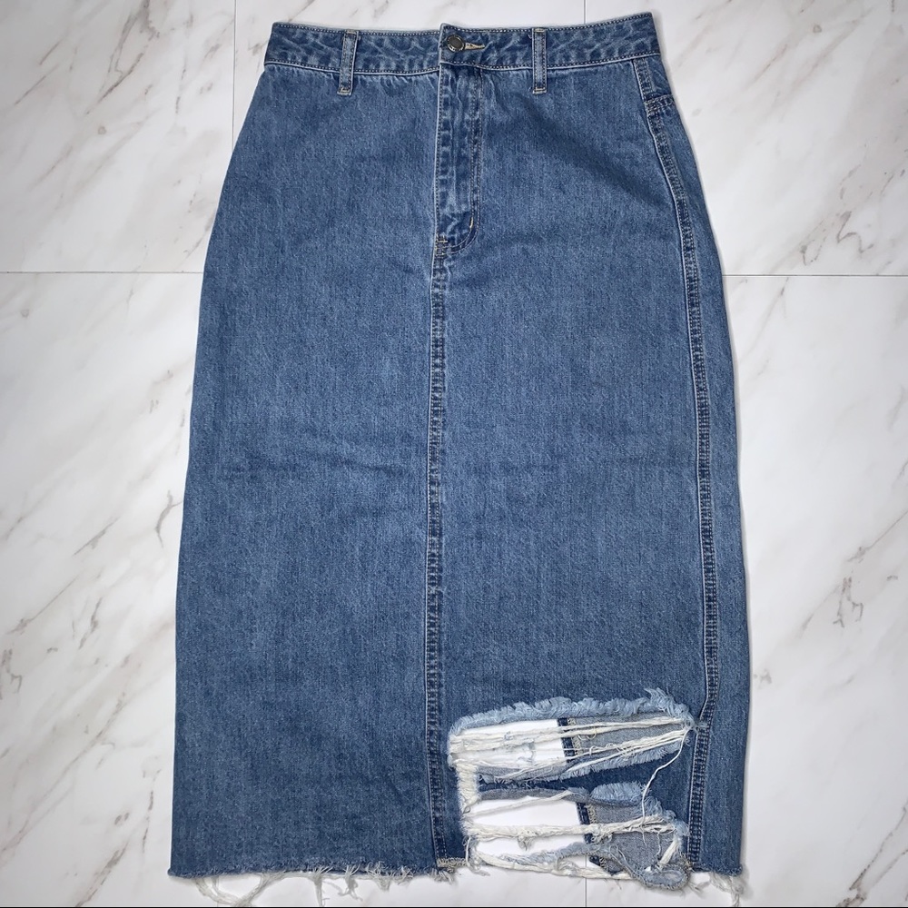 Bershka Distressed Denim Midi Skirt